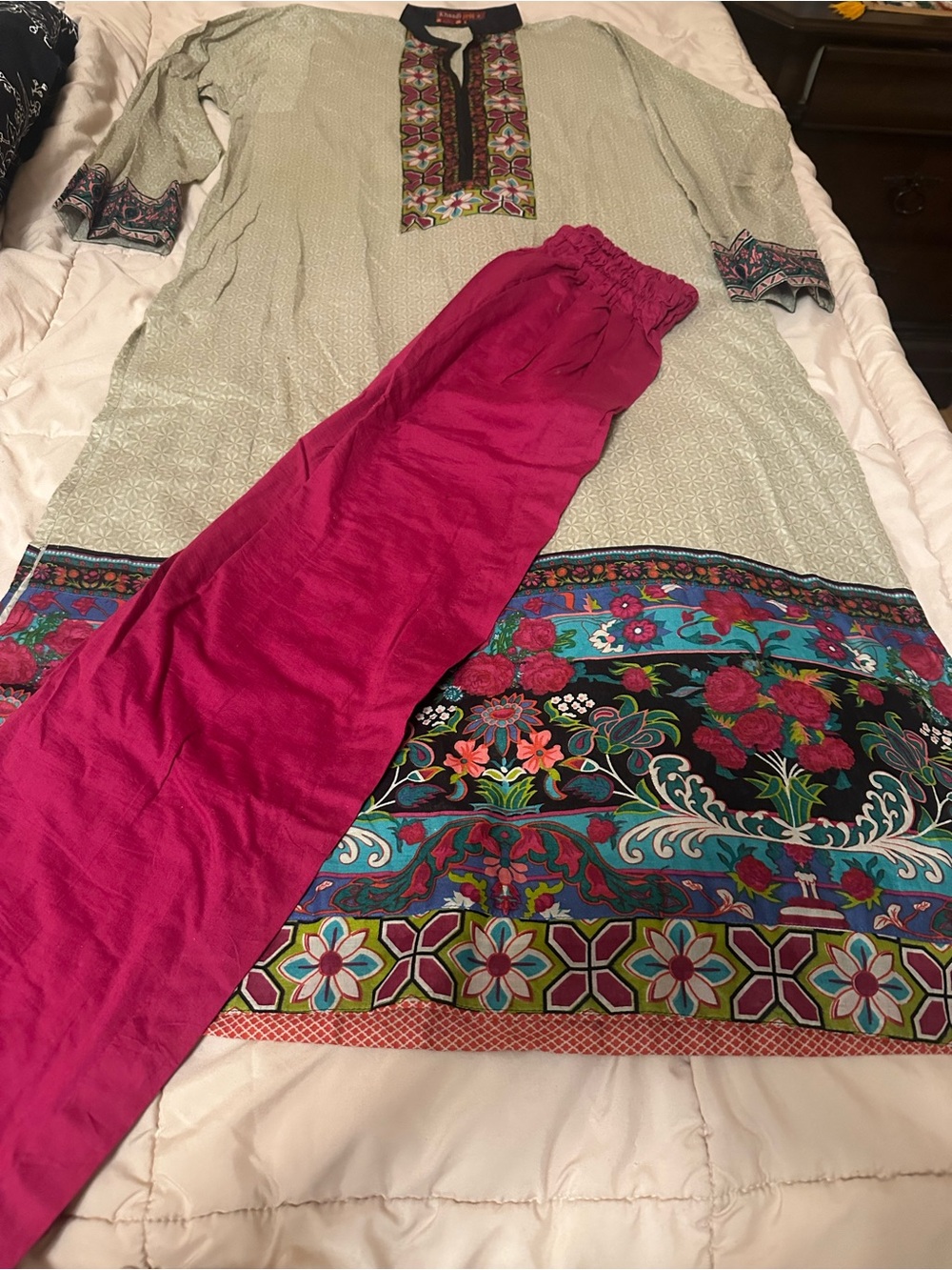 Embroidered Neck Tunic in Sage Green with Multicolor Trim